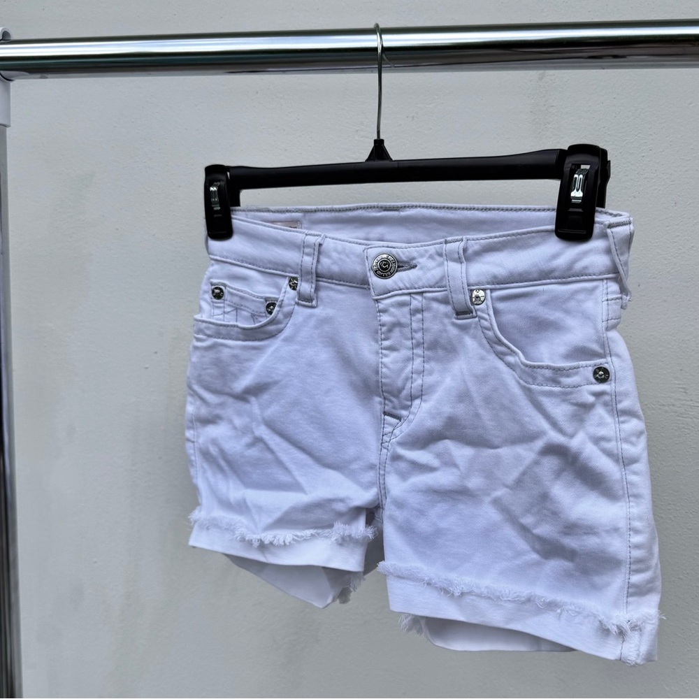 Y2K True Religion Jennie Curvy White Distressed Midrise Shorts Size 28